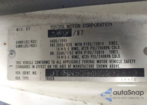 1987 Toyota Pickup 1/2 Ton Rn50 z USA, uszkodzony, nr VIN JT4RN50R4H0272812